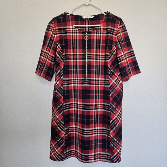 Trina TurkTruett Plaid Sheath Dress Gold Zipper Front Red Black, Womens 14